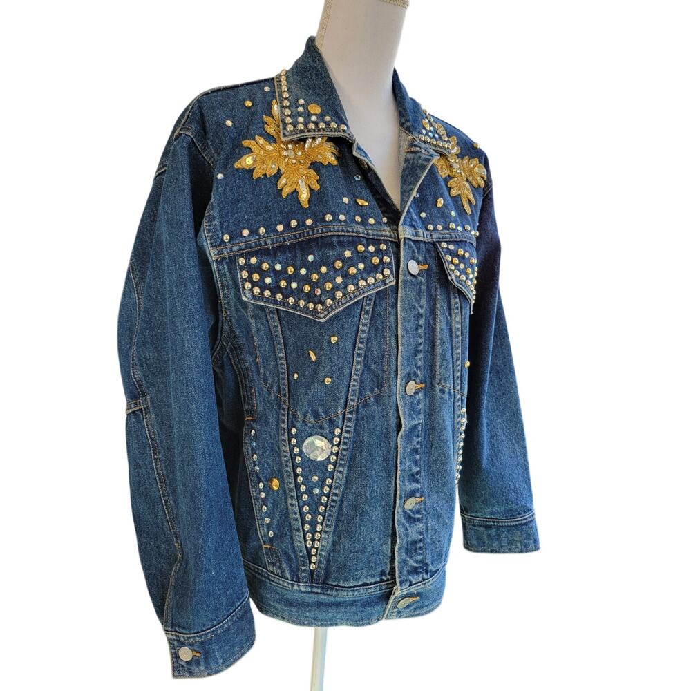 Vintage FREEGO 90s Blue Denim Jean Jacket Rhinestones, Sequins, Studs, Diva